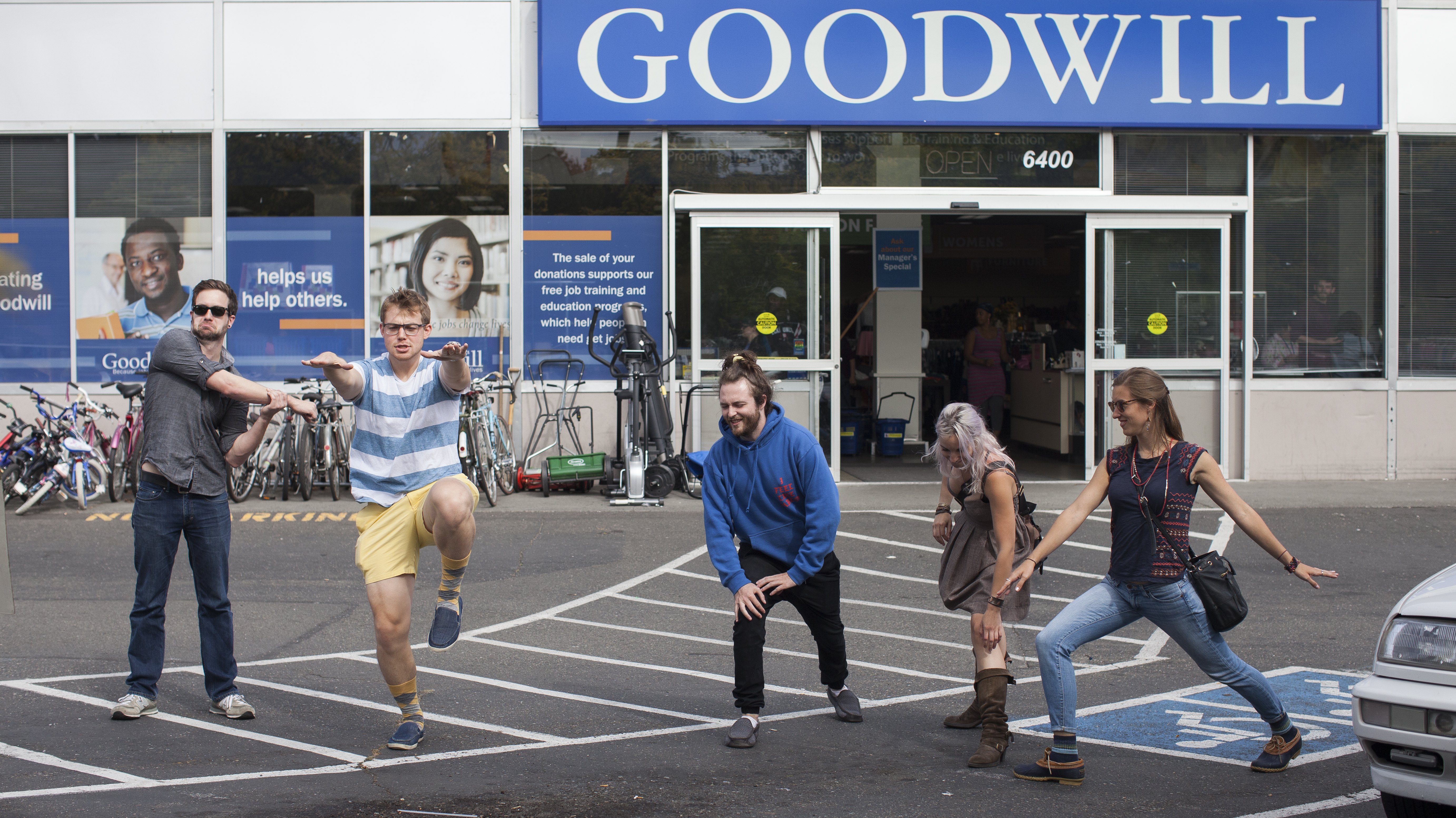 Leafly employees stretching before the Thrift Store Cannabis Challenge
