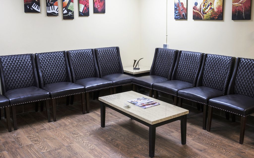 Waiting room at The Jazz Club dispensary in Detroit, Michigan