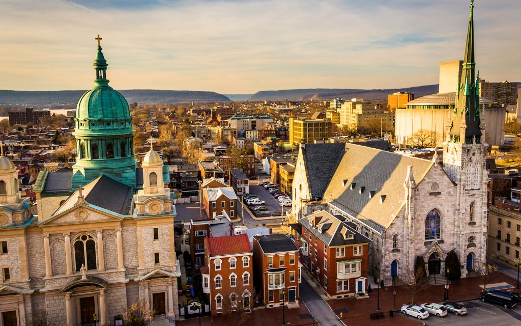 The churches and neighborhoods seen from the South Street Parking Garage in Harrisburg, Pennsylvania.