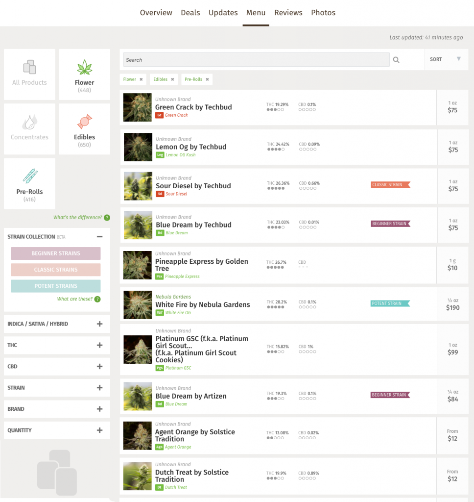 Example of Leafly's cannabis dispensary menu system