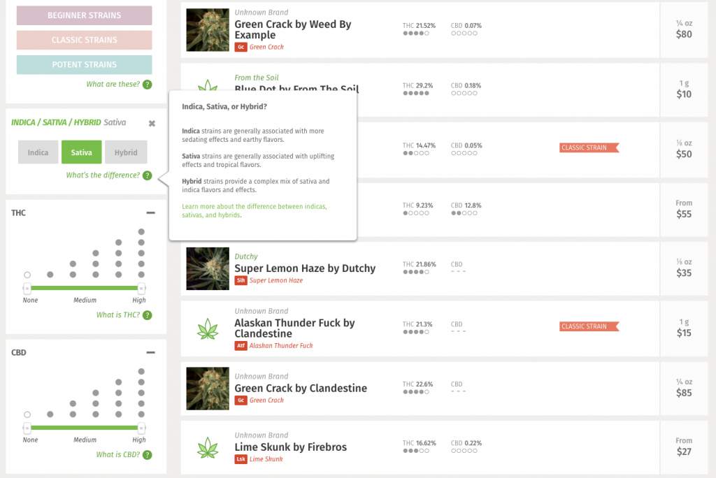 Leafly's new cannabis dispensary menu system with an expanded tool tip to help explain each filter option.