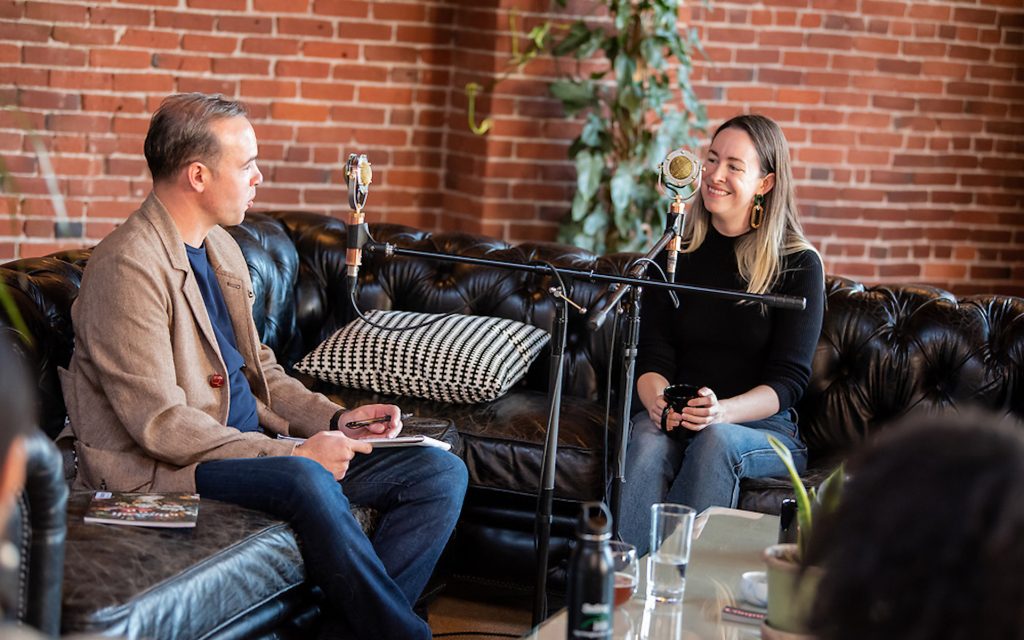 Broccoli founder Anja Charbonneau, with The Hash podcast co-host David Downs, at Listen Up Portland Feb. 17. (Photo by Casey Campbell | Courtesy Listen Up Portland)