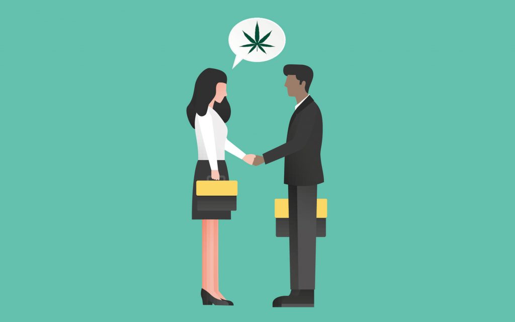 Two people shake hands, above them is a speech bubble with an image of a cannabis leaf.