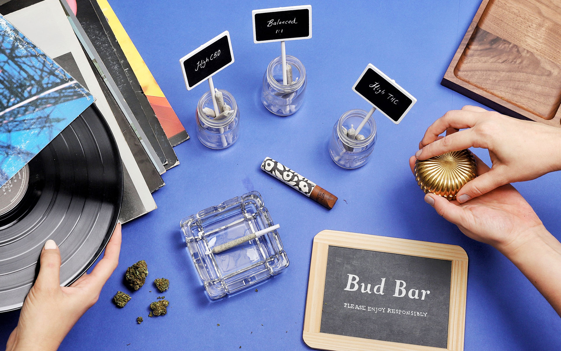 Weed board, grinder, pipe, bud bar, records, ashtray