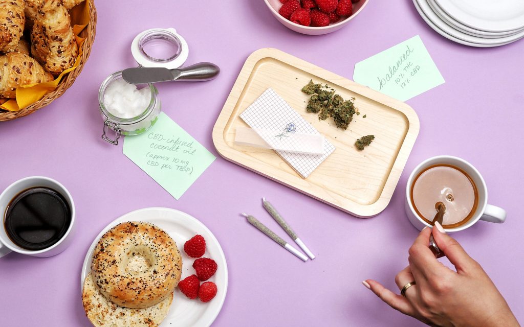 Brunch weed board, bagel, coffee, CBD coconut oil